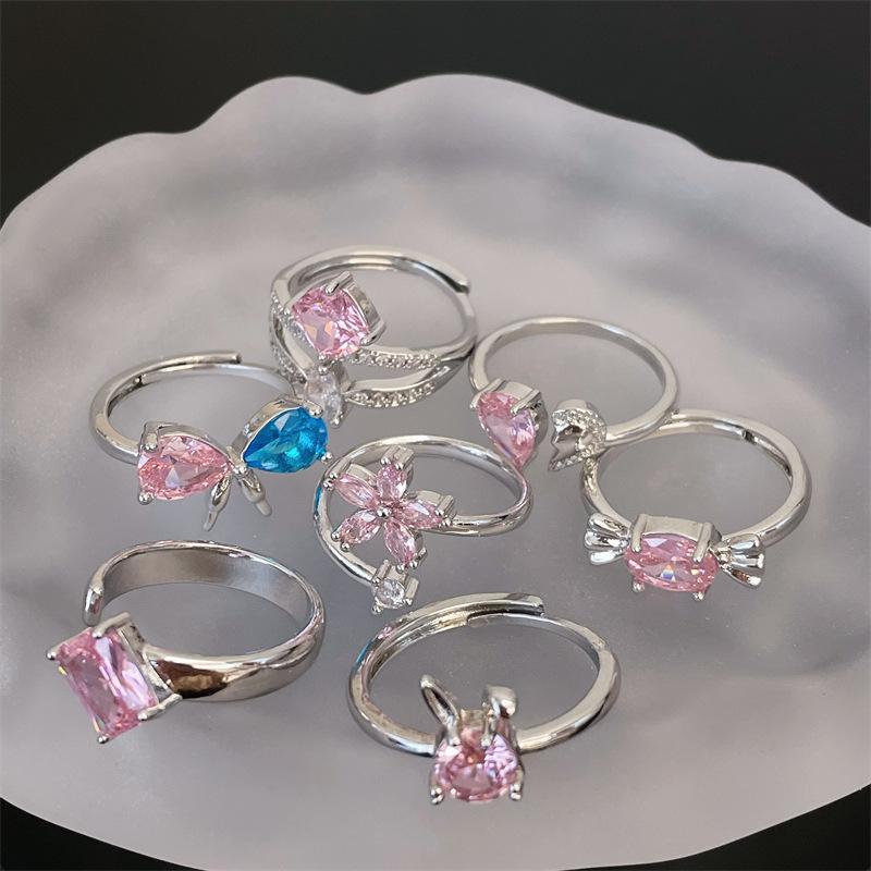 Bow Pink Zircon Series Open Ring Niche Love Cold Wind Advanced Sense Personality Ring Woman