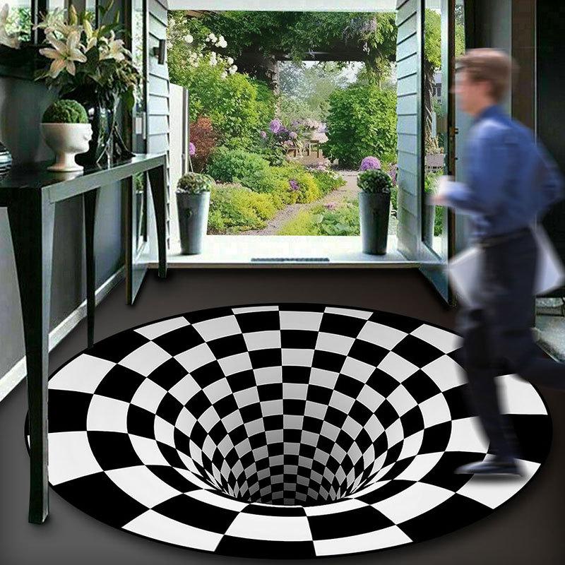 3D Illusion Vortex Carpet: Black & White Grid Round Floor Mat