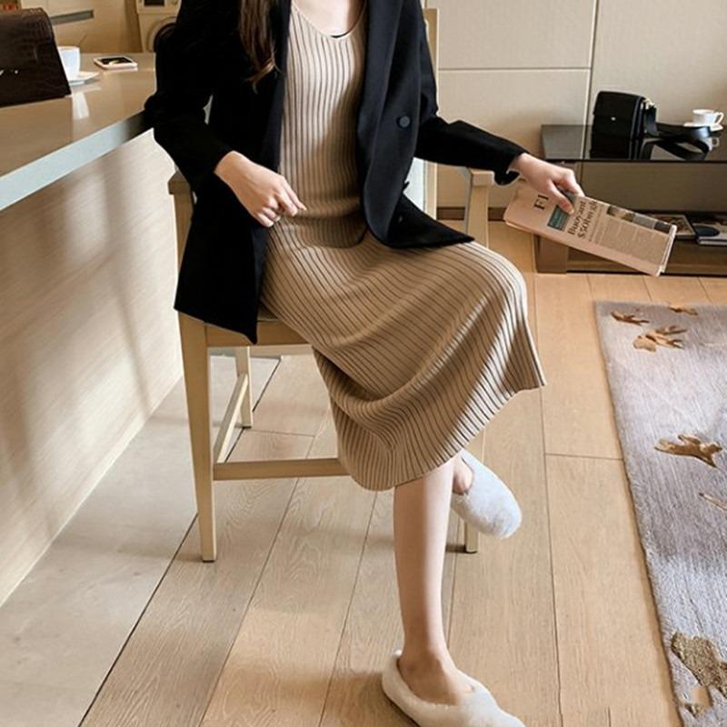 V Neck Sleeveless Elegant Knitted Slip Dress for Women Fashion Sexy Bodycon Casual Long Dresses Solid Color Autumn Spring Bottoming Clothes