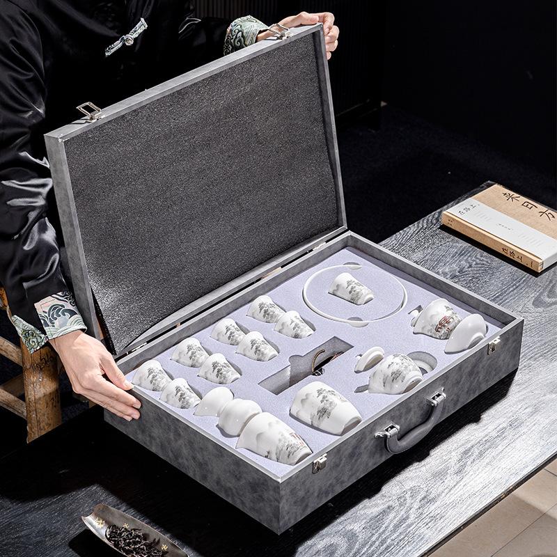 Intangible Cultural Heritage Ceramic Tea Set 16 Head Suet Jade Porcelain Large Set Ink Landscape Kung Fu Teacup Teapot Cover Bowl