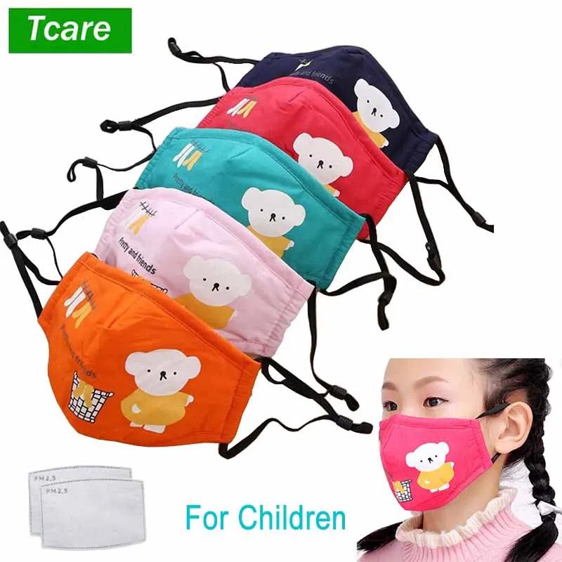 Tcare Reusable Bear Face Mask for Kids Breathable Cotton Cute Cartoon Design PM25 Anti Dust Protective