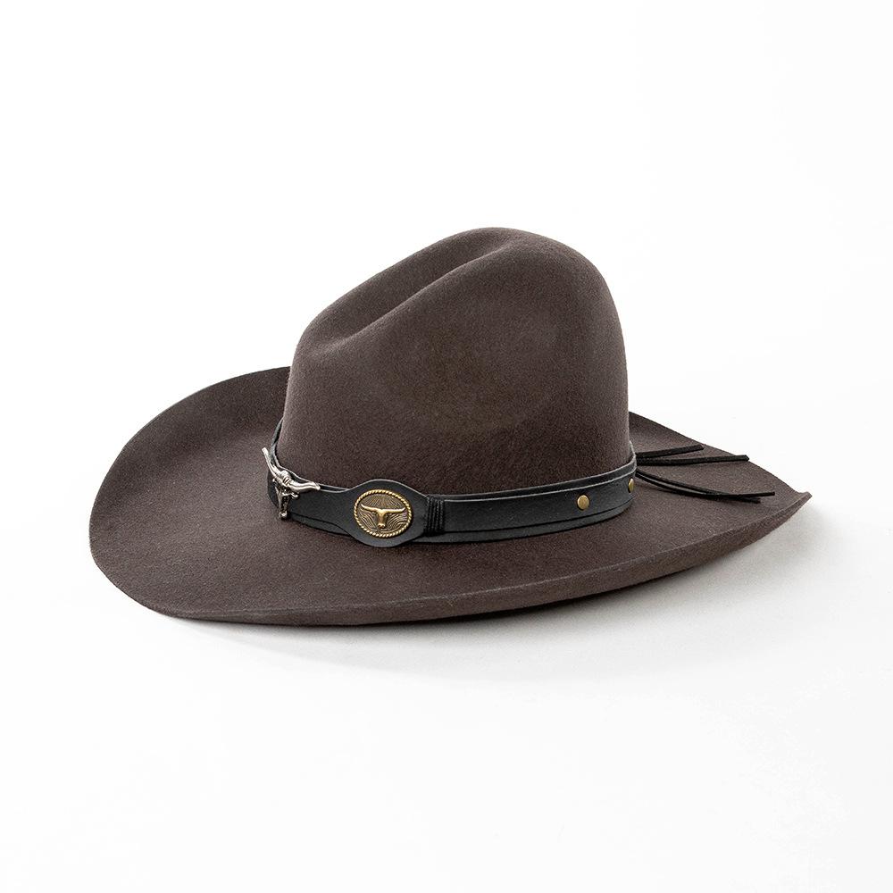 

Big Head Western Cowboy Wool Hat with Metal Bull Head Embellishment Wide Brim Edge Design Horse Riding Music Festivals Hat M57cm темный кофе