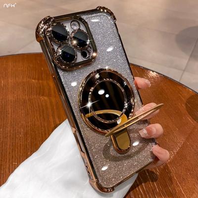Für iPhone 16 Pro Max Luxus Spiegel Glitzer Halter Beschichtung Rahmen Handyhülle Für iPhone 16E 11 12 13 14 15 Plus Blitz Ständer Hülle