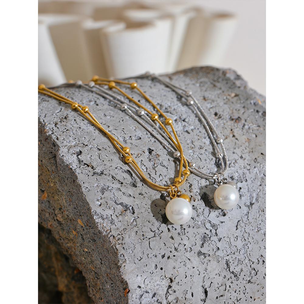 Yhpup Elegant Imitation Pearls Stainless Steel Round Beads Chain Pendant Necklace for Women Gold Silver Color Korean Jewelry