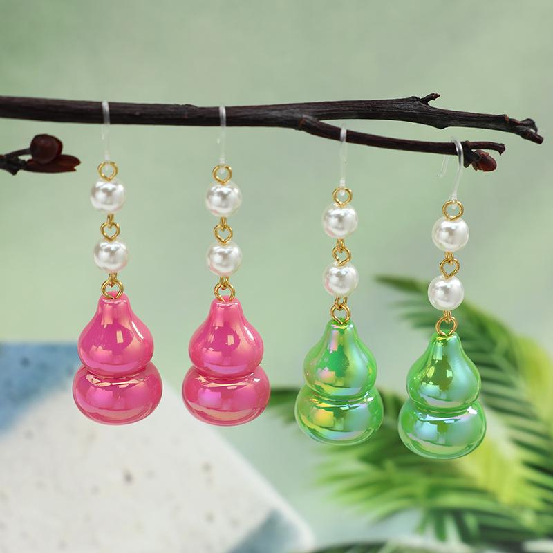 Chinese Style Colorful Resin Gourd Dangle Earrings: Imitation Mother-of-Pearl, Long Auspicious Prosperity Pendant Jewelry.