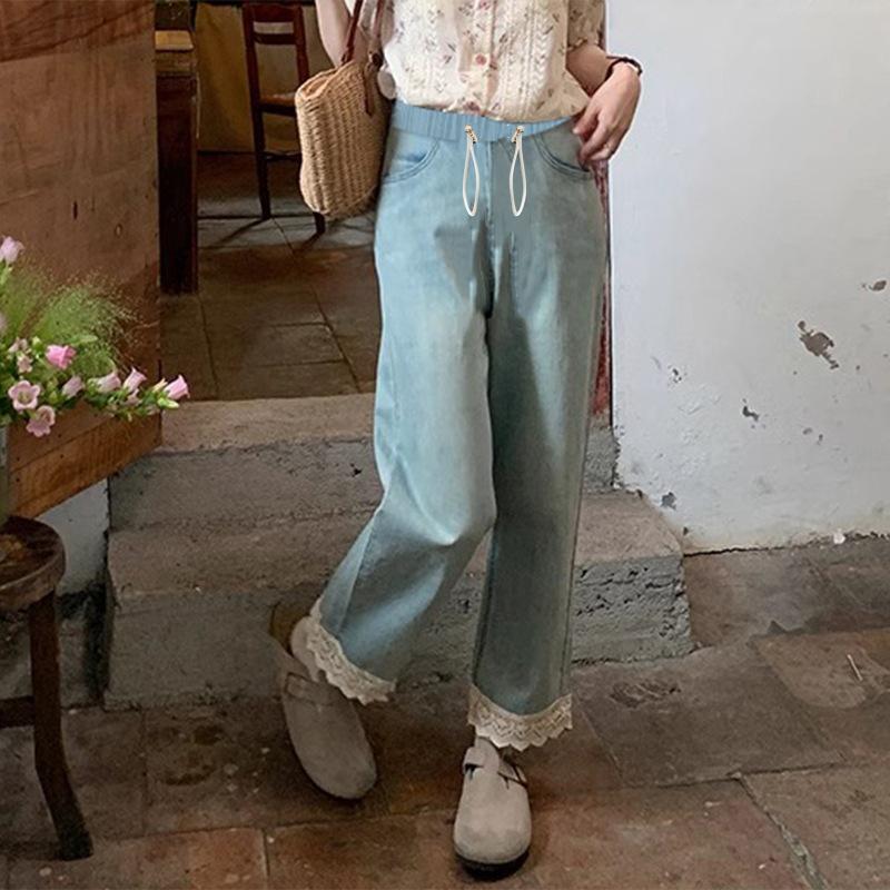 Maternity Lace-Style Drawstring Belly Support Wide Leg Jeans L