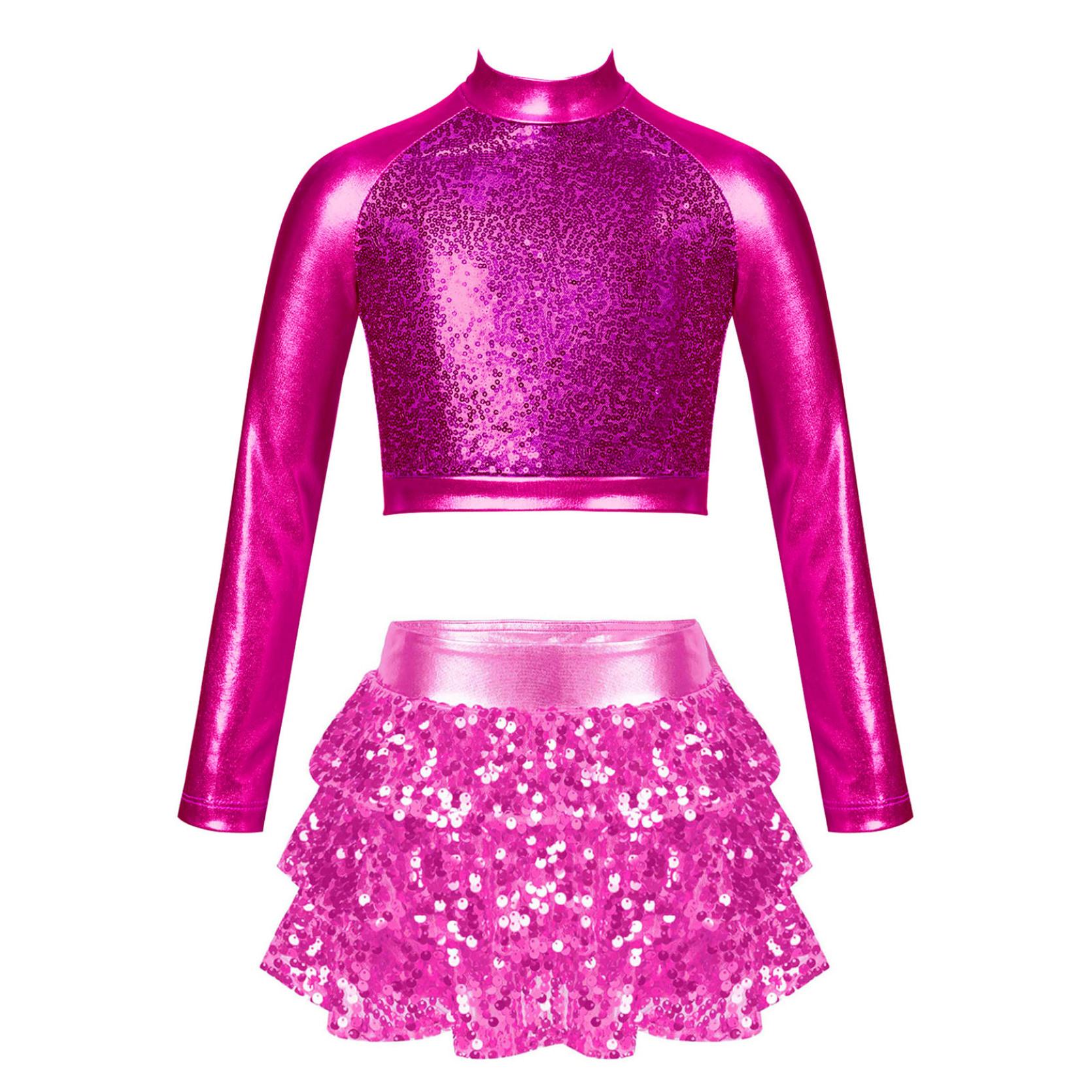 IEFiEL Kinderen meisjes jazzdansvoorstelling kostuum glanzend metallic crop top met lange mouwen en shorts met rok ballet gymnastiekoutfits 7-8 Years warm roze kleur