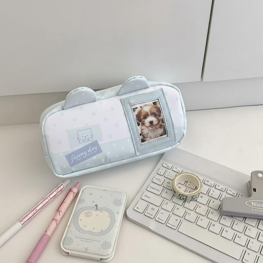 Large Capacity Pen Bag with Photo Card Slot Pencil Pouch INS Stationery Bag Gift синий