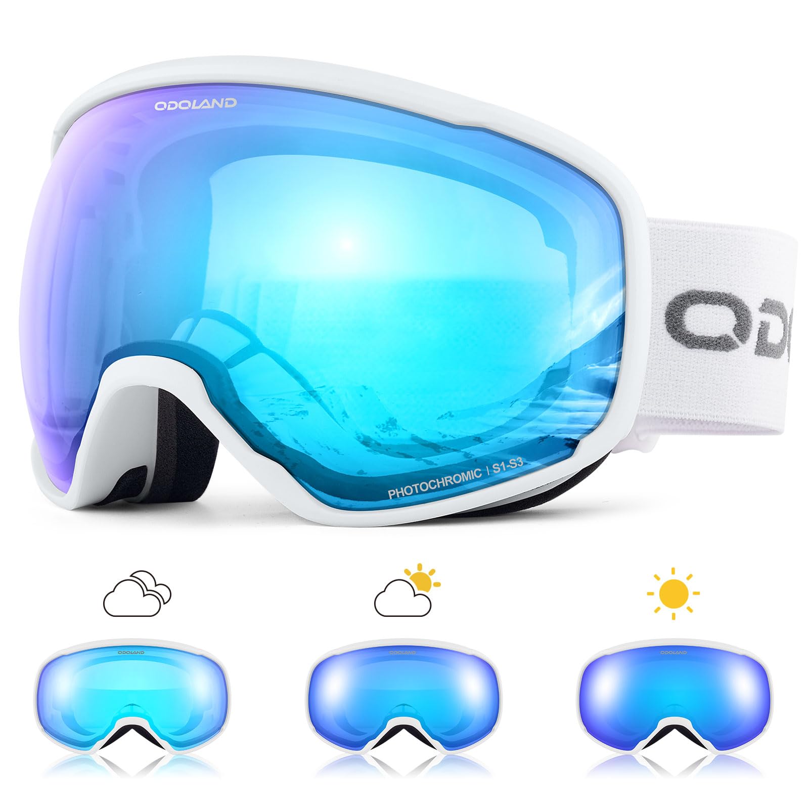 

Odoland Photochromic Snow Goggles with Mirror OTG Glasses UV400 Automatic Impact Color-Changing Lenses, Anti-Fog, Compatible, Protection, Dimming,