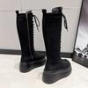 Fashion Side Zipper 8 Cm Platform Women Boots Knee High Motorcycle Boots Black Lace Up Long Boots Suede Leather Autumn Winter Shoes