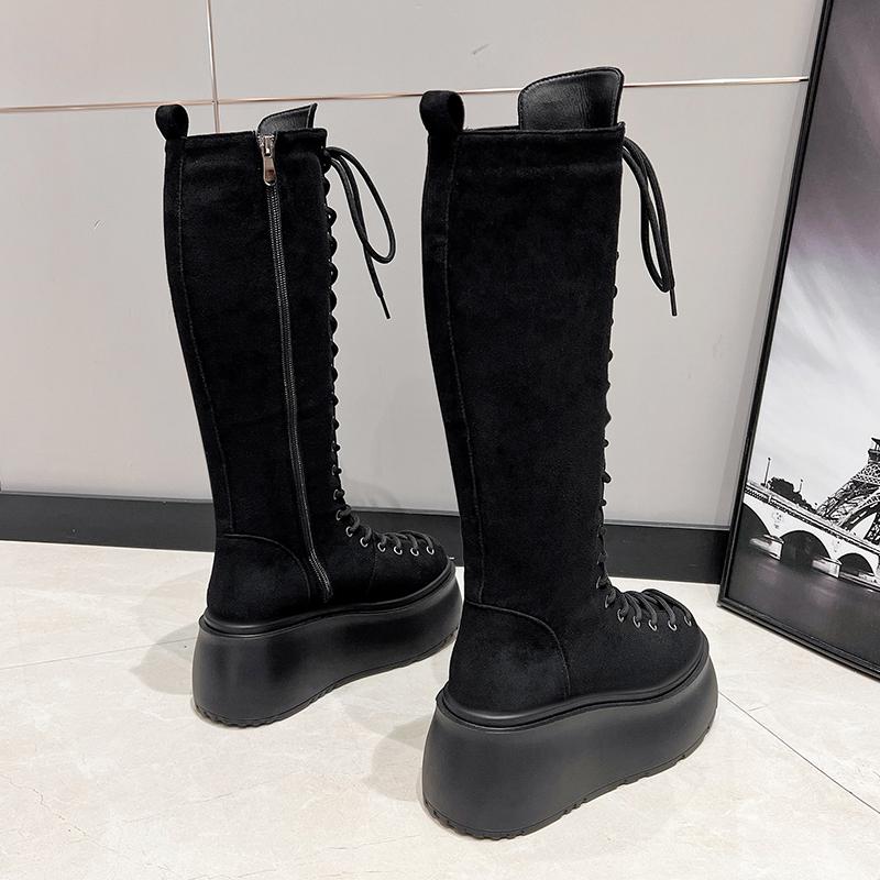 Fashion Side Zipper 8 Cm Platform Women Boots Knee High Motorcycle Boots Black Lace Up Long Boots Suede Leather Autumn Winter Shoes