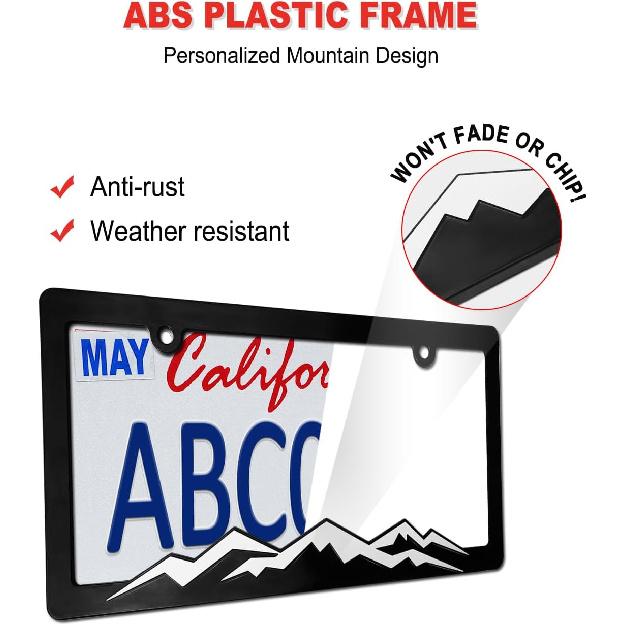 Mountain License Plate Frames- Plastic Black Car Tag Holder Bracket With Screws Caps, 2 Packs 2 Hole, White On Black, Mountain Vinyl Sticker Included
