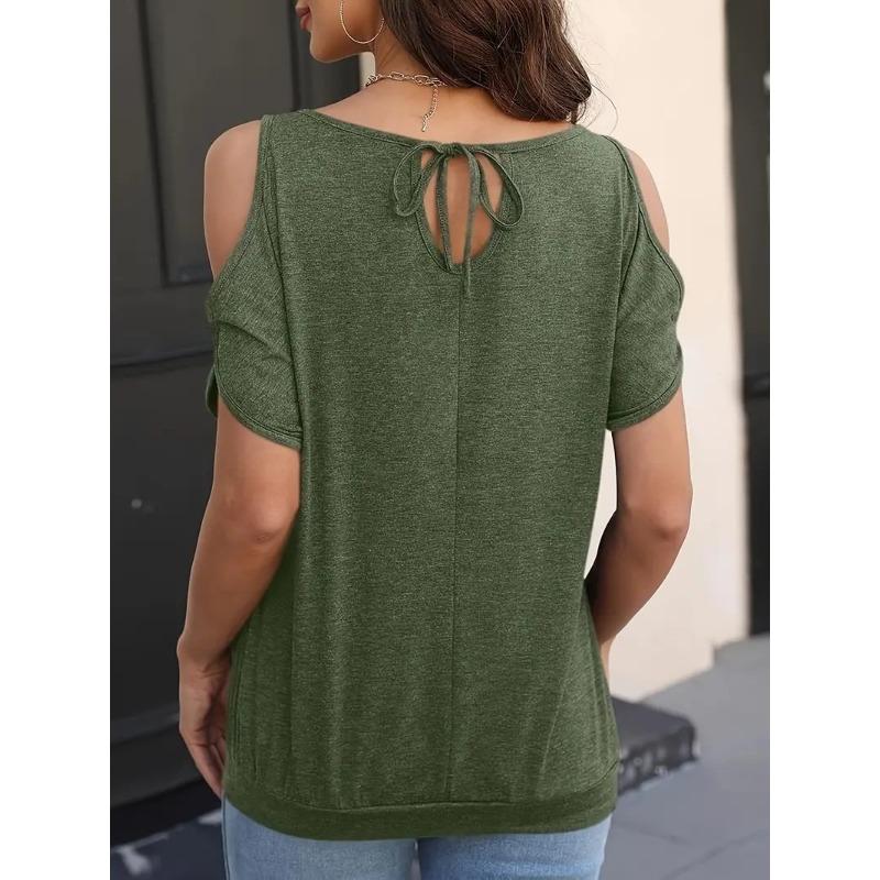 DAFIFY Women's Fashion Casual Summer Spring Solid Color Print Short Sleeve O-Neck Blouses & Shirts