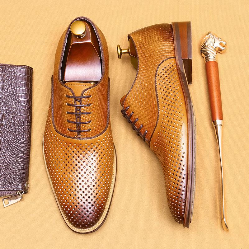 Hollow Leather Shoes Men'S British Dress Business Real Cowhide Summer Breathable Men'S Pointed Oxford Casual Men'S Shoes