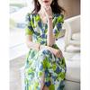 Demana Summer Elegant Printed V-Neck Midi Dress