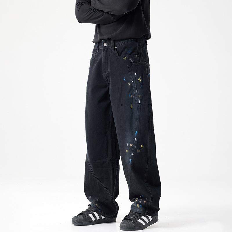 American street ink splashing denim hip hop wide-leg hand-painted jeans men's loose straight casual scimitar pants