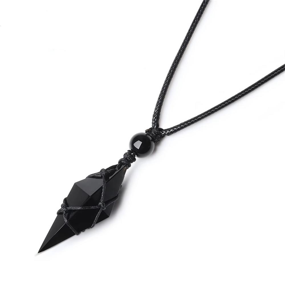Bohemian Black Stone Necklace Adjustable Rope Stone Necklace Creative Stone Pendant Men Women