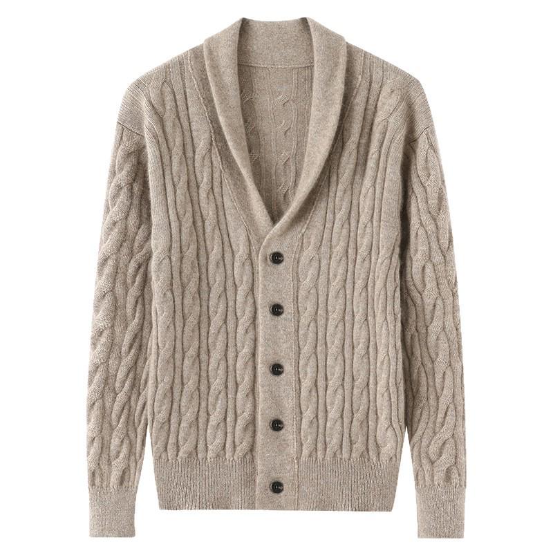 Men's Thick Cable Knit Wool Cardigan Sweater - Camel