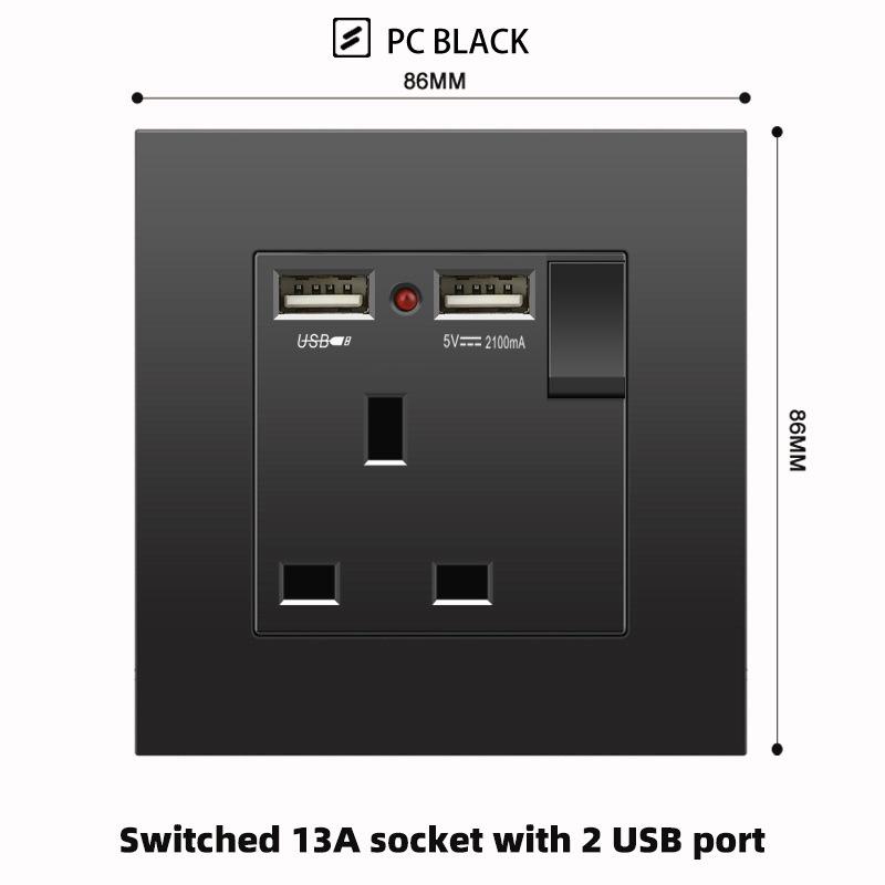 British 13A Socket with USB-C Fast Charging, Hong Kong & Macau Version, Black 3-Hole Square Pin 86 Panel