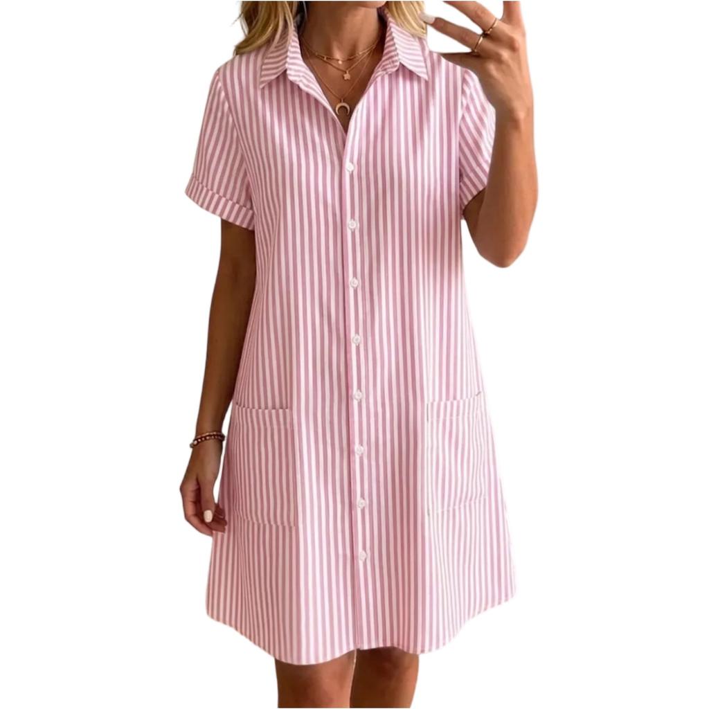 Women's Loose Fit Plus Size Striped Short Sleeve Shirt Dress Casual Mid Length Button Down Summer Dress with Pockets