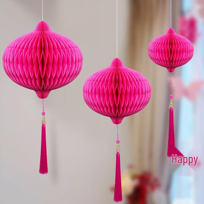 Wedding Décor Set: Honeycomb Balls, Folding Fans & Double Happiness Pendants for Groom's Room