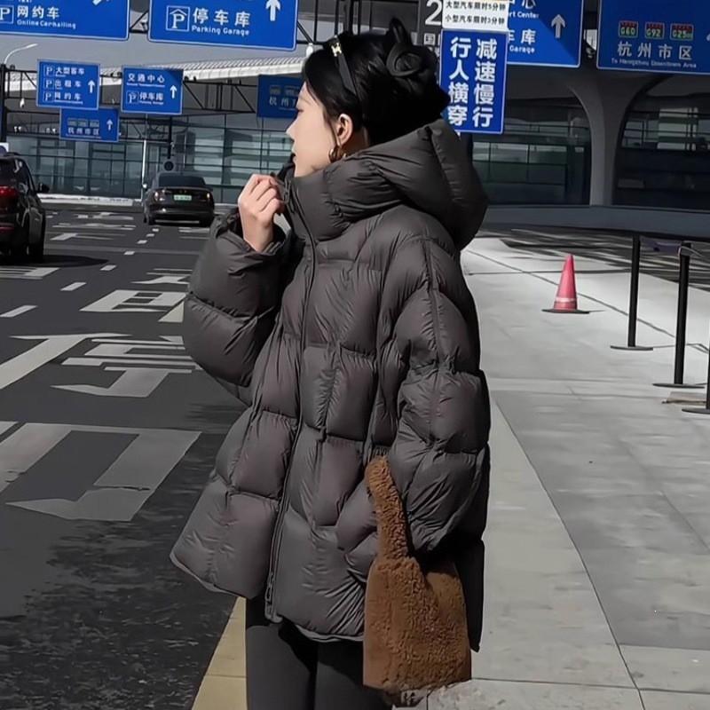 Womens Oversized Hooded Cotton Puffer Jacket In Gray Beige Black Yellow Lightweight Warm Mid-Length Coat Fall Winter