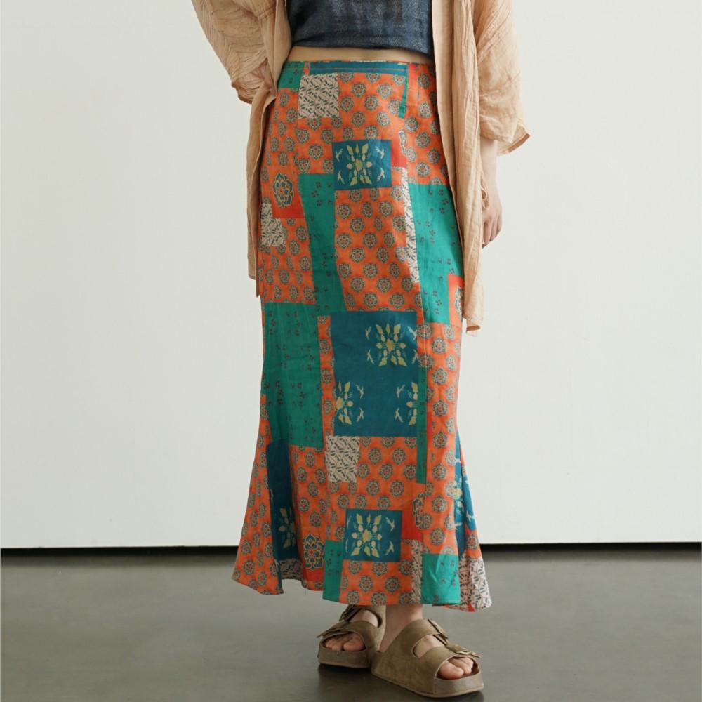 Johnature Women Vintage Print Floral Straight Skirts Spring Chinese Style Ramie Soft Female High Quality Skirts