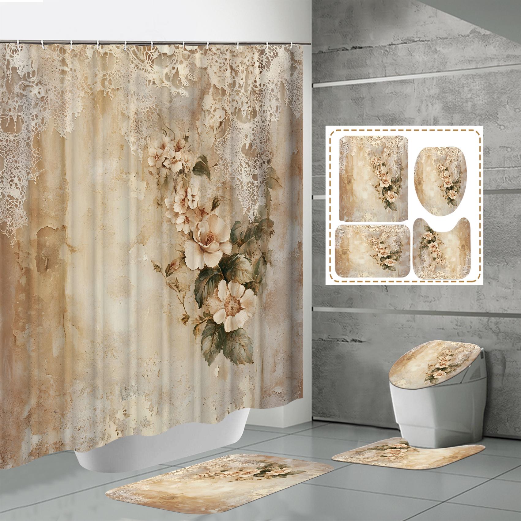 

4 ШТ. Наборы штор для душа со шторкой для душа и ковриками, коврик для крышки унитаза, U-образный коврик и коврик для ванной, набор для ванной комнаты с 12 крючками One Size