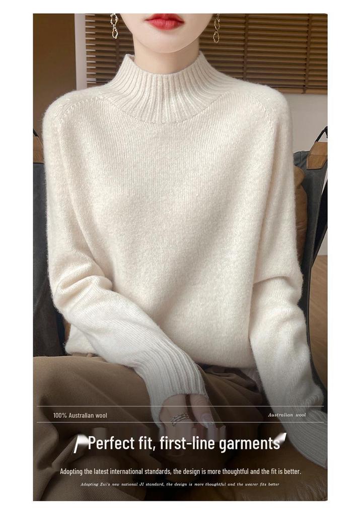 Women's Pure Wool Half-High Collar Loose Knit Sweater - Thickened Autumn/Winter Base Layer Pullover