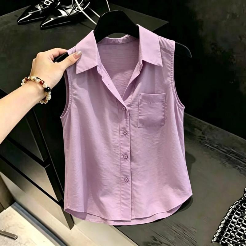 Camicia Casual da Donna con Revers, Tasca Singola, Senza Maniche, Bottoni Frontali