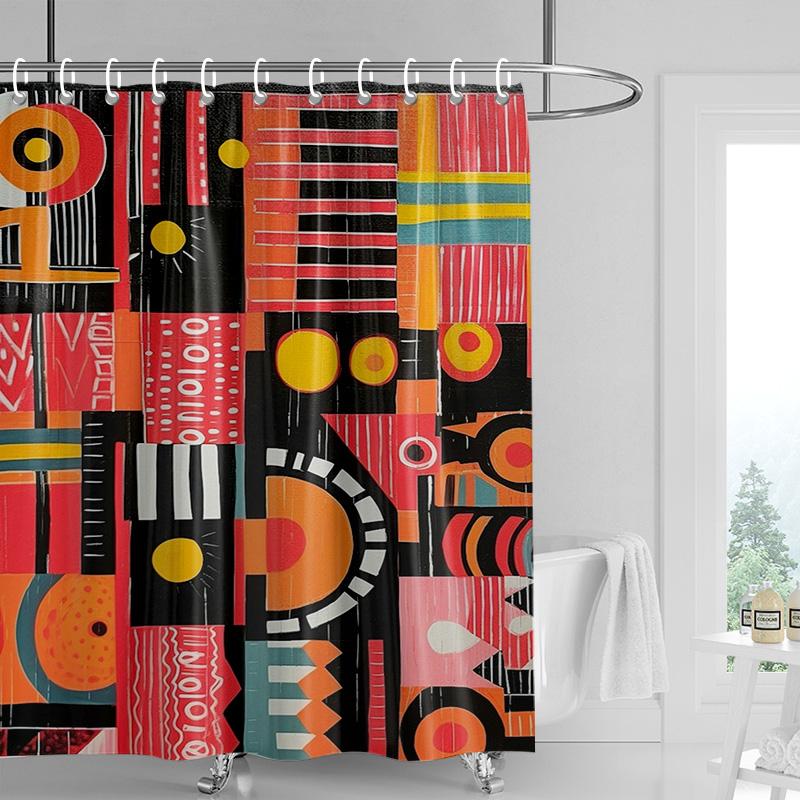 Vibrant geometric shower curtain-orange black modern bathroom decoration, waterproof polyester, colorful abstract home design