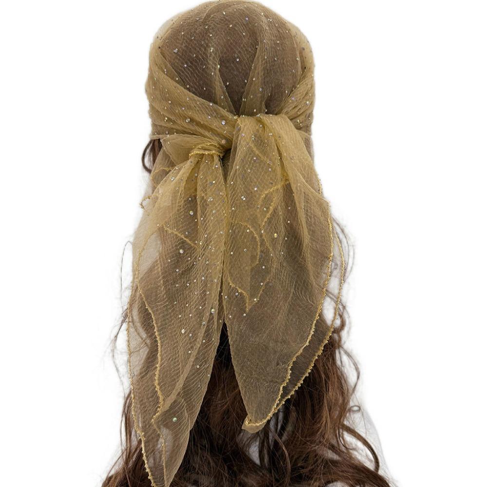 Thin Hotfix Rhinestone Square Scarf Sparkle Glitter Veil Turban Mesh Bandana Women Fashion