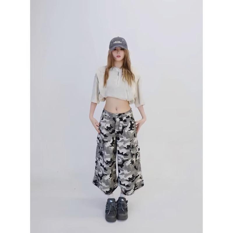 Retro Gray and White Camouflage Overalls Multi-pocket Design Pants Women's Cleanfit Straight Cropped Pants