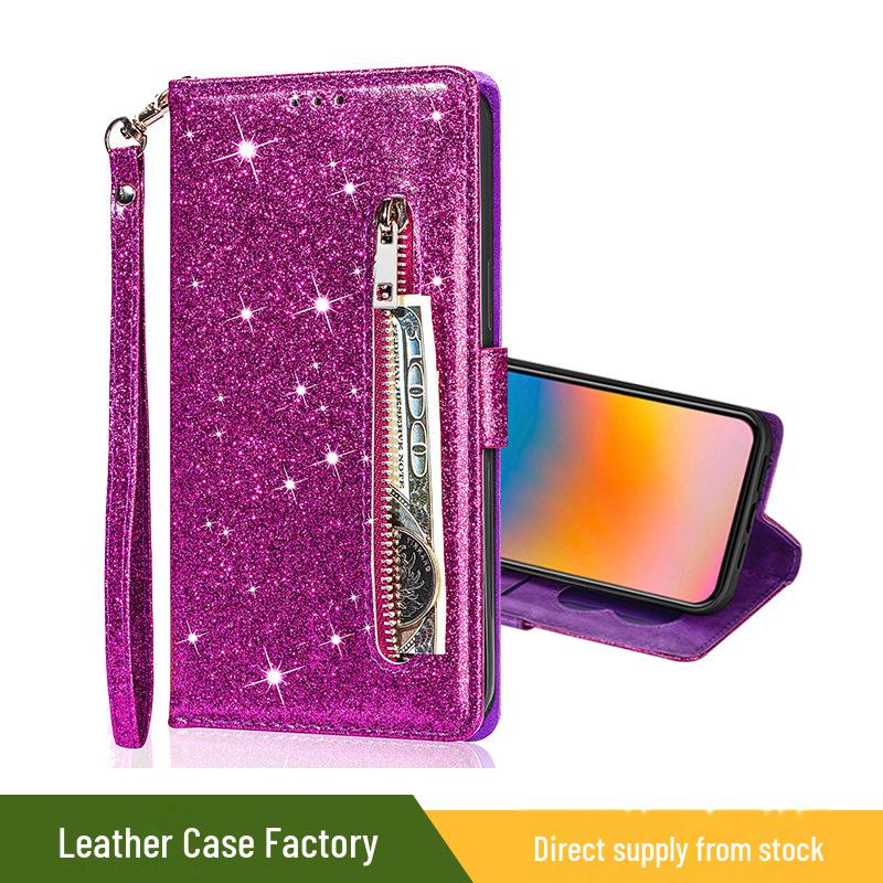 «Кожаный чехол-кошелек на молнии для iPhone 16/15 с блестящим отделением для карт»