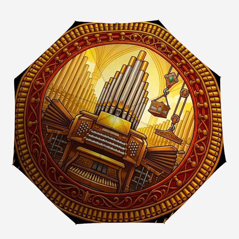 Golden Organ Symphony Pattern Umbrella, Portable and Foldable Design, 8 Ribs, a Casual Accessory for Halloween, Christmas, and Birthday Gifts.
