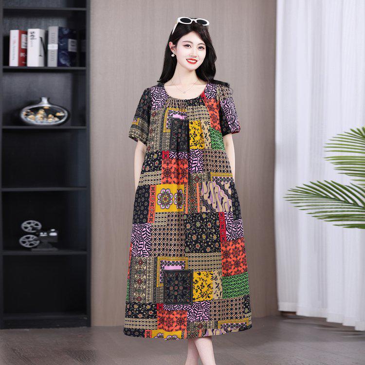 

Summer 2026 Plus Size Cotton Silk Long Dress for Middle-Aged Women 4XL (150-180 jin)