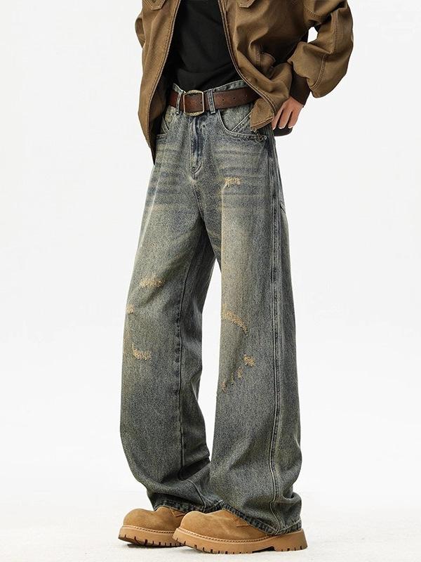 Washed old jeans men's autumn new trendy brand American retro loose straight wide-leg casual pants