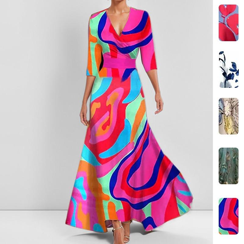 GMXIA Women's Fashion Summer Spring V-Neck 3/4 Sleeves Casual Dresses