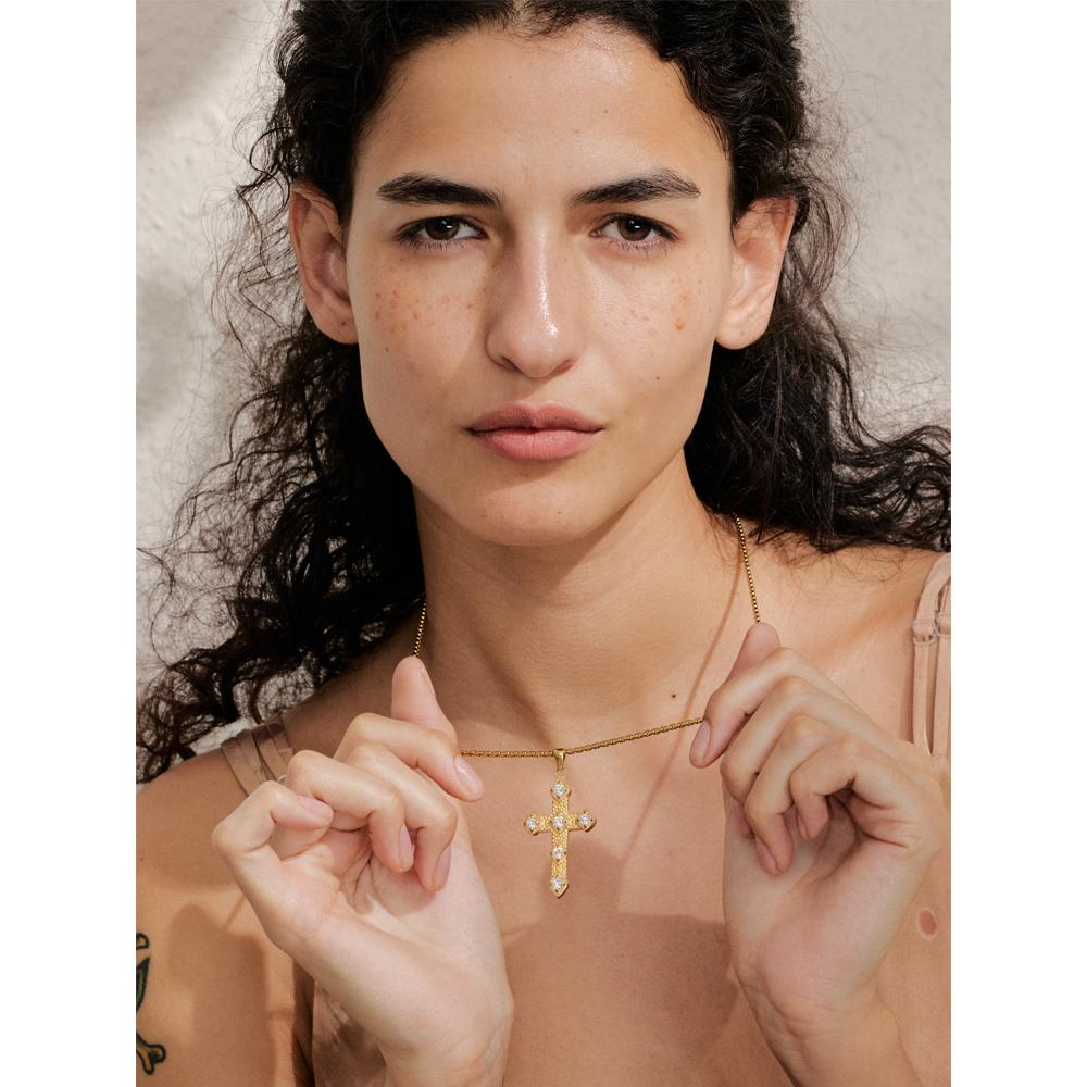 Yhpup Exquisite Shiny Cubic Zirconia Cross Classic Necklace Pendant for Women Stainless Steel Chain Temperament Jewelry Gift
