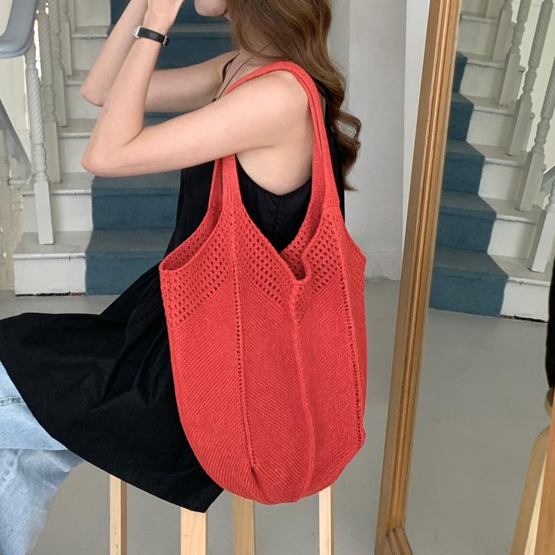 Vintage Red Polyester Knit Tote Bag for Women Hollow Out Shoulder Crossbody Purse