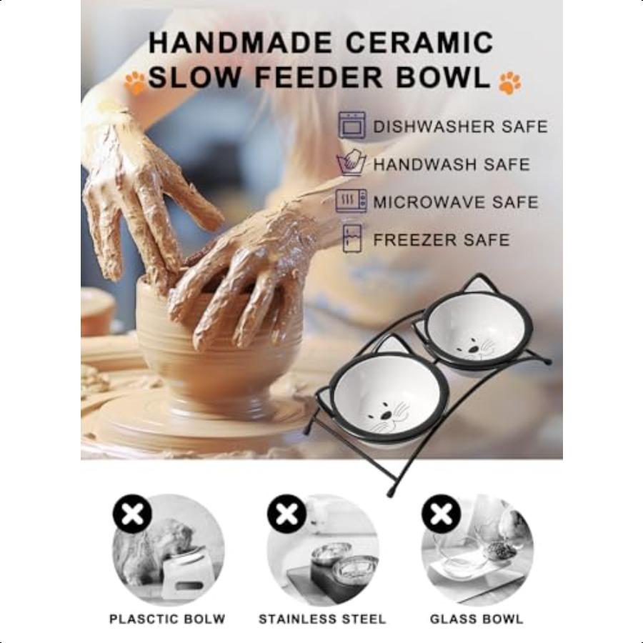 Cat Food Bowls 12 Oz Raised Cat Bowls for Food and Water Ceramic Elevated Pet Dishes Bowls with Stand Cats and Small Dogs Dishw