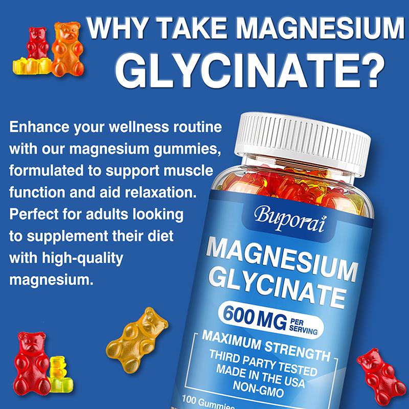 Buporai Magnesium Glycine Gummies, 600 Mg Per Serving, Support Muscle Relaxation, Vegan and Safe.
