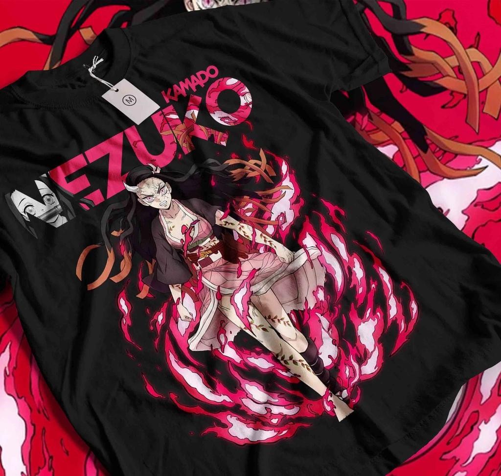Kimetsu No Yaiba Demon Slayer Nezuko Blood Demon Pink Flames Black TShirt