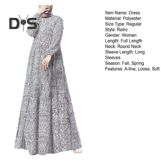 Women Maxi Dress O Neck Long Sleeve Loose A Line Big Hem Dot Print Vintage Soft Patchwork Dubai Turkey Abaya Long Robe Dress