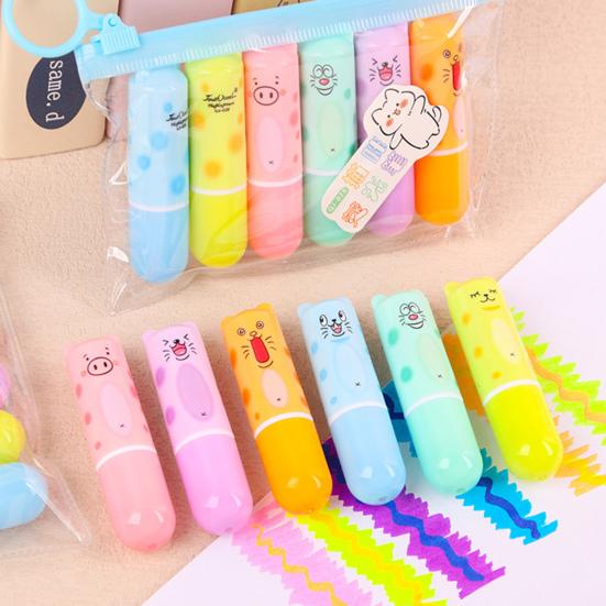 6Pcs Chisel Tip Highlighter Marker, Cute Marker Pen, Cartoon Macaron Highlighter No-Bleed Ink Markers for Journaling, Planners, and Office Documents