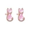 18K Rose Gold Plated Silver Cat Earrings Pink Quartz Imitation Cute Kitty Stud Earrings for Women Trendy Jewelry Gift