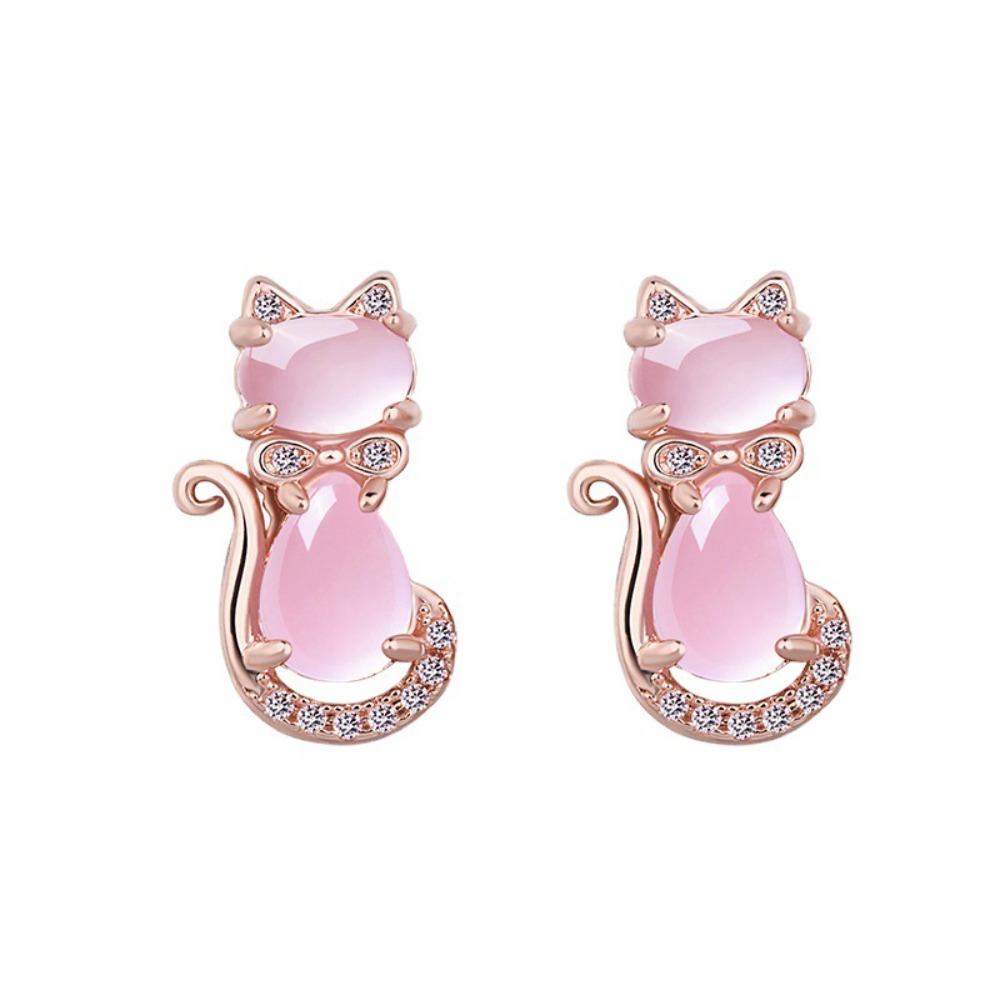 18K Rose Gold Plated Silver Cat Earrings Pink Quartz Imitation Cute Kitty Stud Earrings for Women Trendy Jewelry Gift