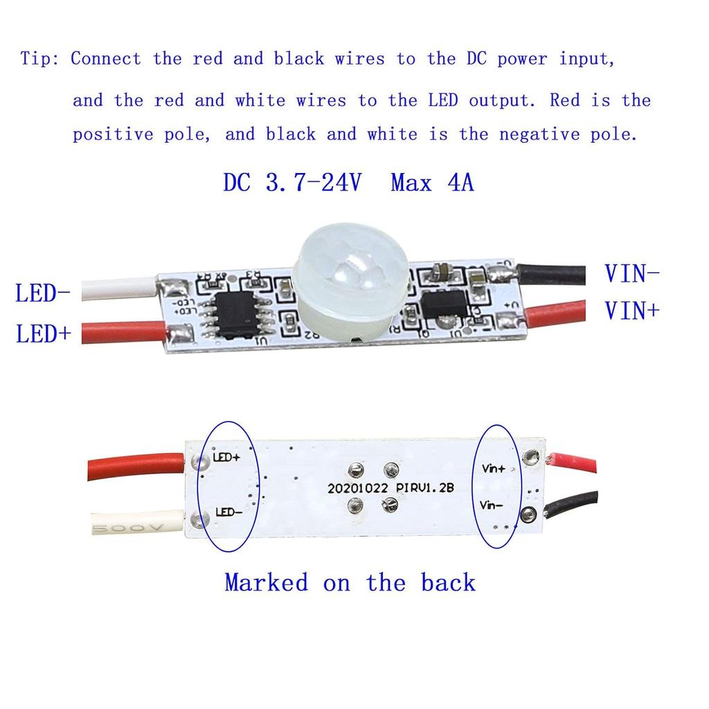 Motion Sensor Switch, DC 3.7v to 24V 4A PIR Motion Sensor for LED Lights, Mini Infrared Sensor Switch That can be Built into The Light bar or Box (3