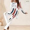 Women Plus Size Round Neck Long Sleeve Red White Blue Flag Printed Longline Top Fitted Pants Two Piece Set