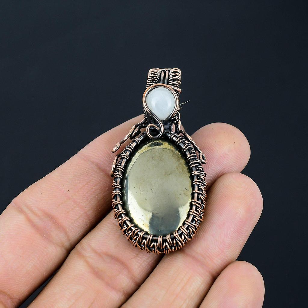 Ravishing Pyrite & Moonstone Gemstone Handmade Copper Wire Wrap Jewelry Pendant For Women